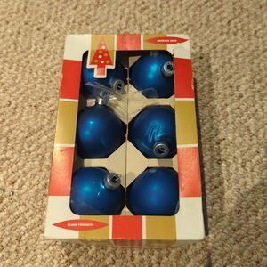 Vintage Coby Glass Christmas Ornaments Blue Bulbs Lot of 6 Box Retro